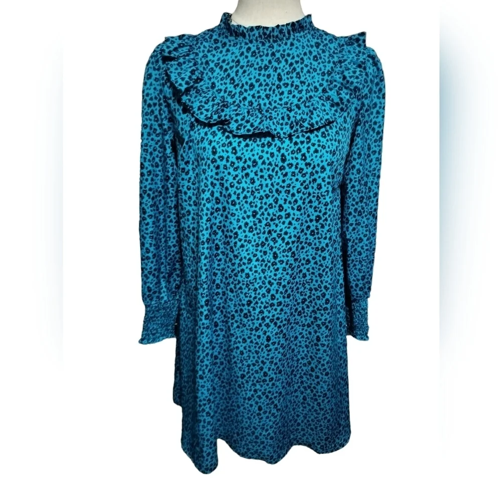 2461) New Look Blue Leopard Print Frill Smock Dress Size 10